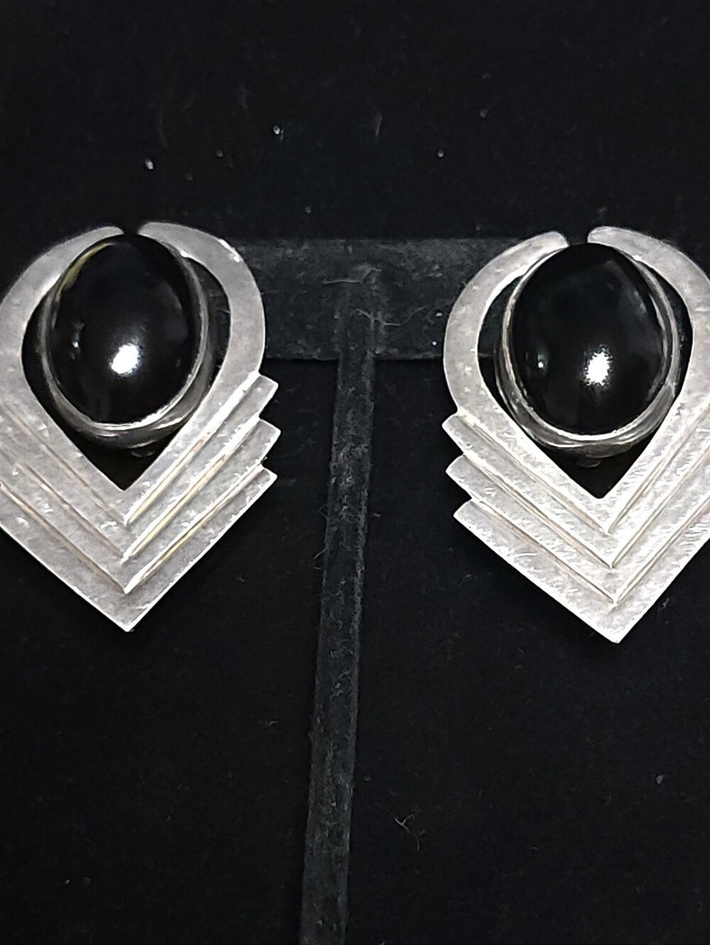 Vintage Taxco Mexican Sterling Silver Modernist Clip On Earrings Black Onyx 925